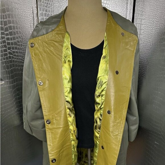 Fergucci Gray Green Leather Satin Printed Liner Collarless Coat Size 38 NWT - Picture 1 of 10